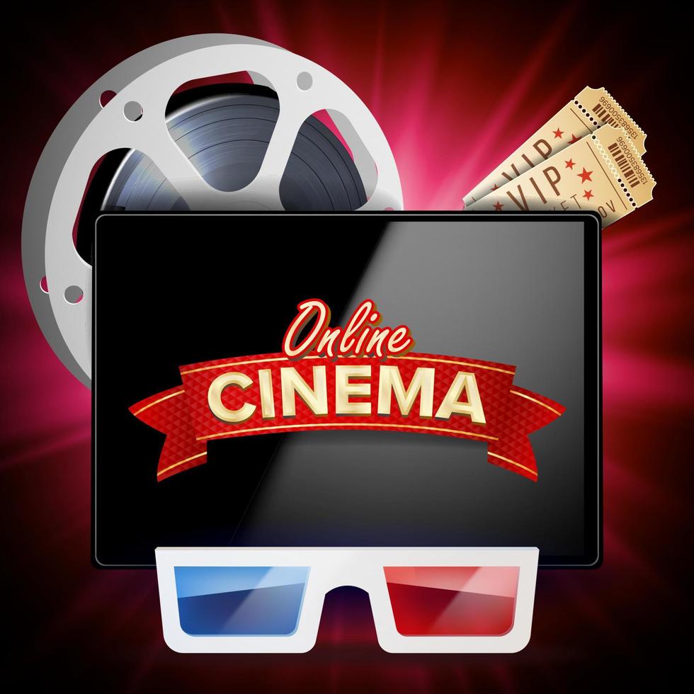 Online Cinema Poster Vector. Modern Mobile Tablet Concept. Realistic Cinematography Theme Design. Advertising Concept Illustration. vector