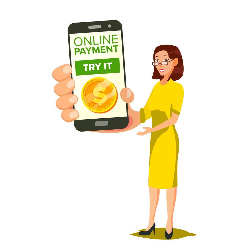 Online Payment Vector. Smiling Woman Showing Smart Phone With Payments Application. Internet Banking Concept. Wireless Money Transfer. Isolated Flat Cartoon Illustration vector