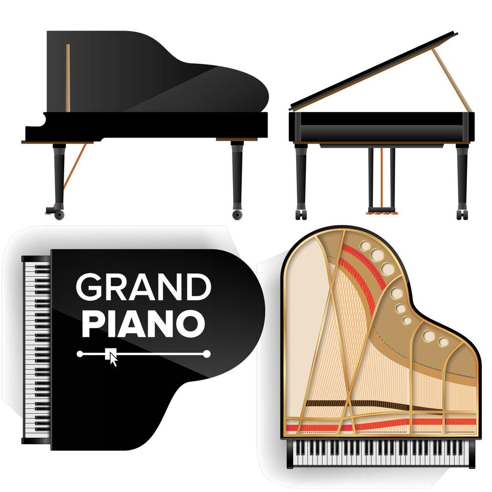 Black Grand Piano Set Icon Vector With Shadow. Realistic Keyboard. Isolated Illustration. Top And Back View