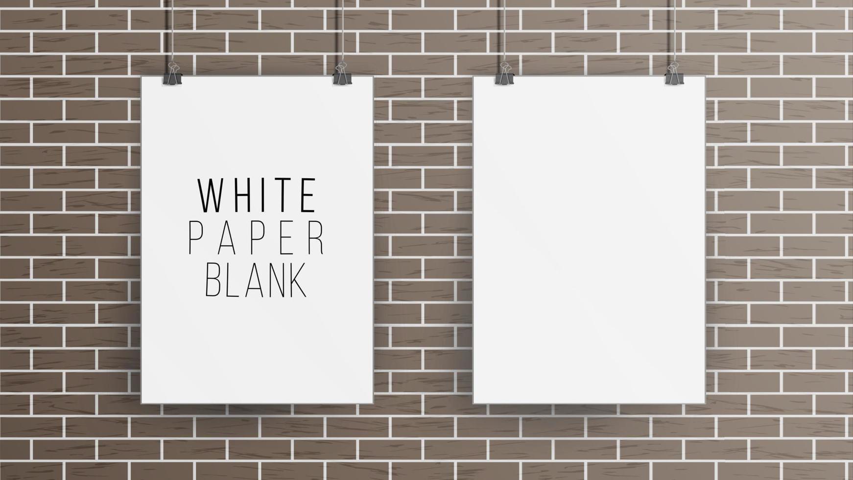 White Blank Paper Wall Poster Mock up Template Vector. Realistic Illustration. Picture Frame On Brick Wall. Front View vector