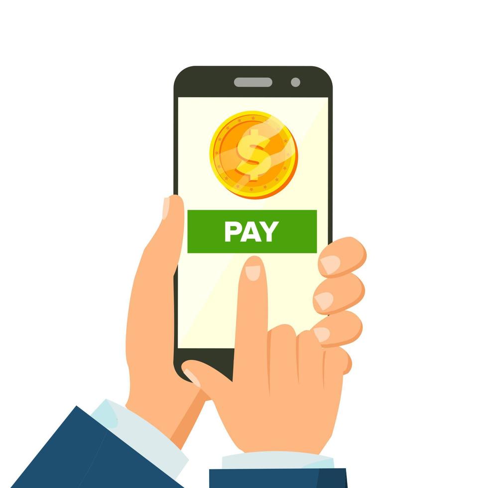 Mobile Payment Vector. Hand Holding Smart Phone. Commerce Concept. Wireless Money Transfer. Isolated Flat Cartoon Illustration vector