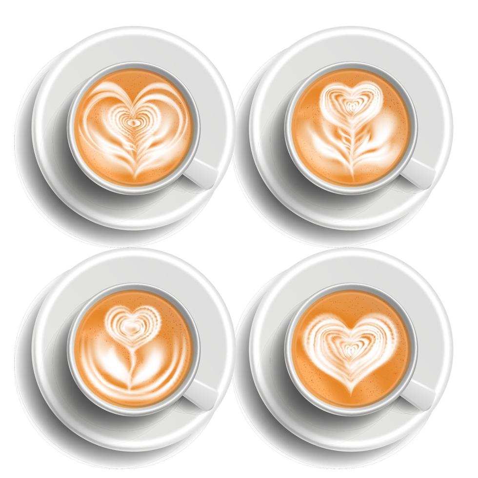 conjunto de tazas de arte de café vector. herat vista superior. café capuchino caliente. bebida de taza de comida rápida. taza blanca ilustración aislada realista vector