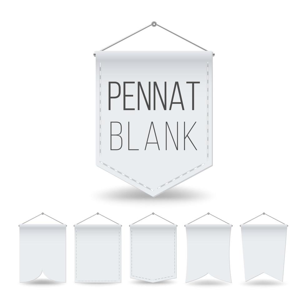 White Pennant Template Set Vector. Empty Realistic Pennants Banners Mock Up. Different Forms. Illustration Isolated On White Background vector