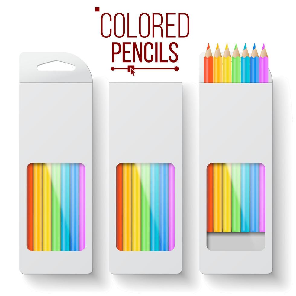 vector de embalaje de lápices de colores. vista superior de la caja de papel de lápiz de madera. plantilla de diseño de marca. ilustración realista aislada