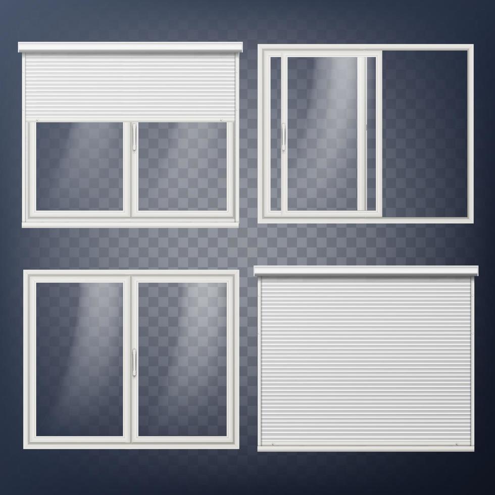 Plastic Door Vector. Sliding. White Roller Shutter. Opened And Closed. Energy Saving. PVC Profile. Isolated On Transparent Background Illustration vector