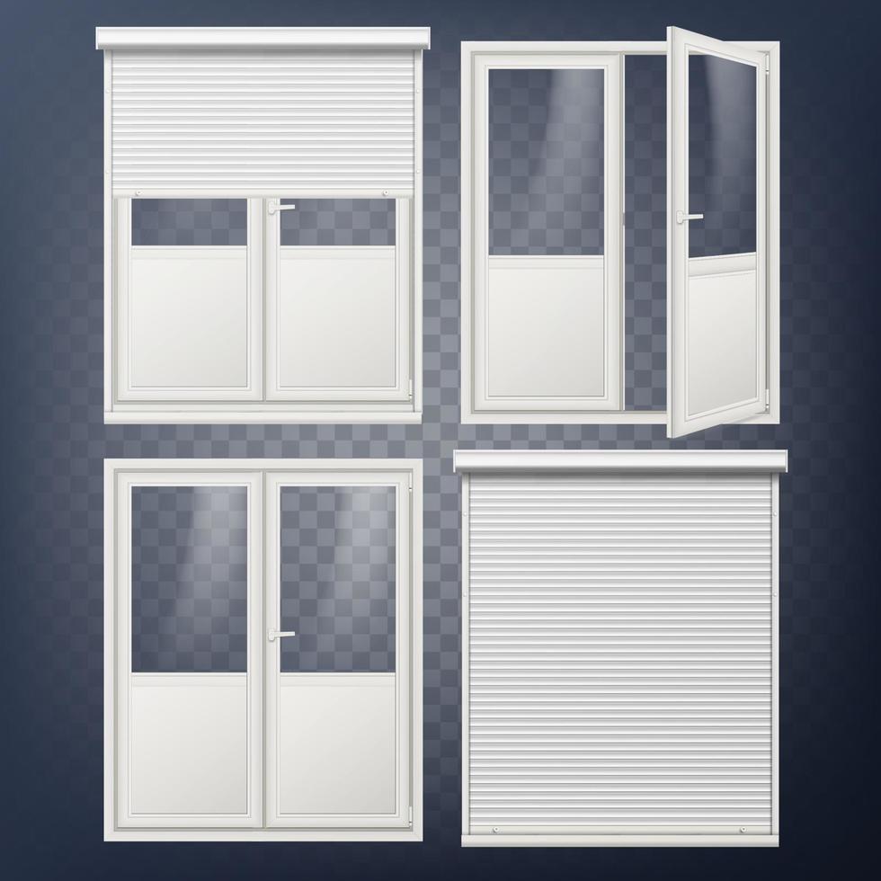 Plastic Door Vector. Modern White Roller Shutter. Opened And Closed. Energy Saving. Corner Door. PVC Profile. Isolated On Transparent Background Illustration vector