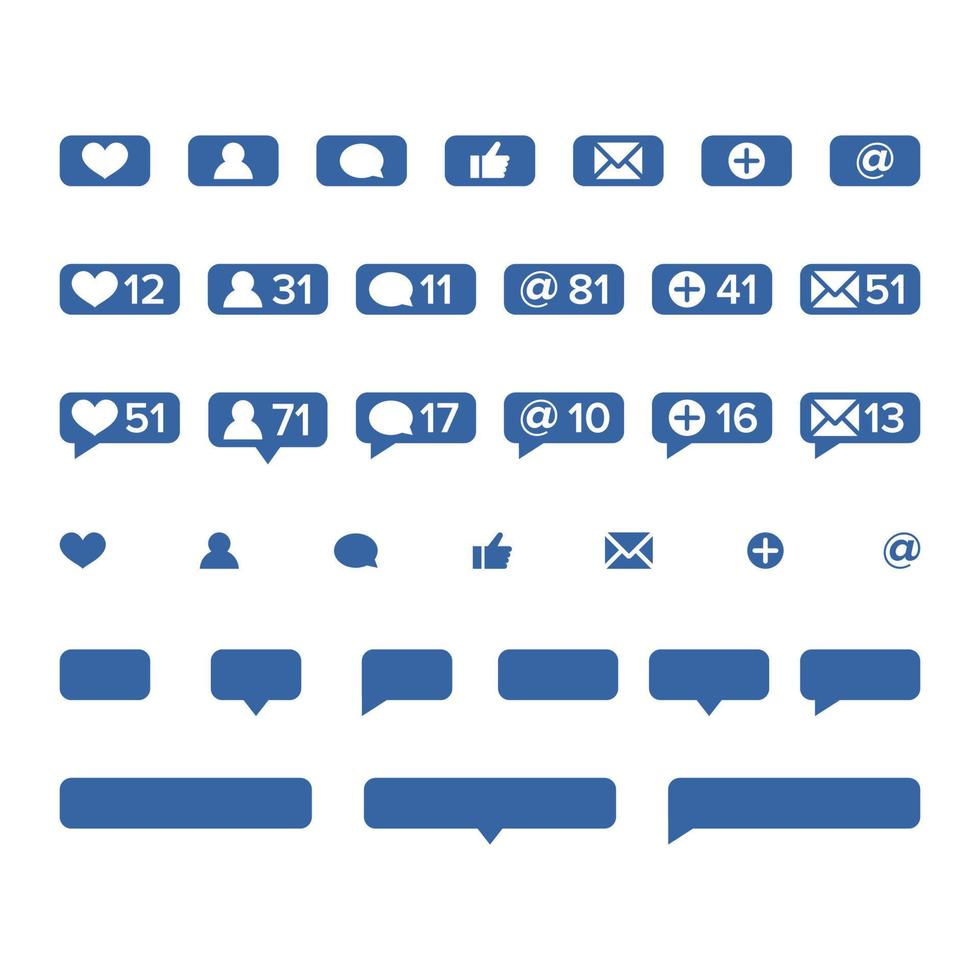 Notifications Icons Template Vector. Social network app symbols of heart like, new message bubble, friend request quantity number. Smartphone application messenger interface web notice set vector