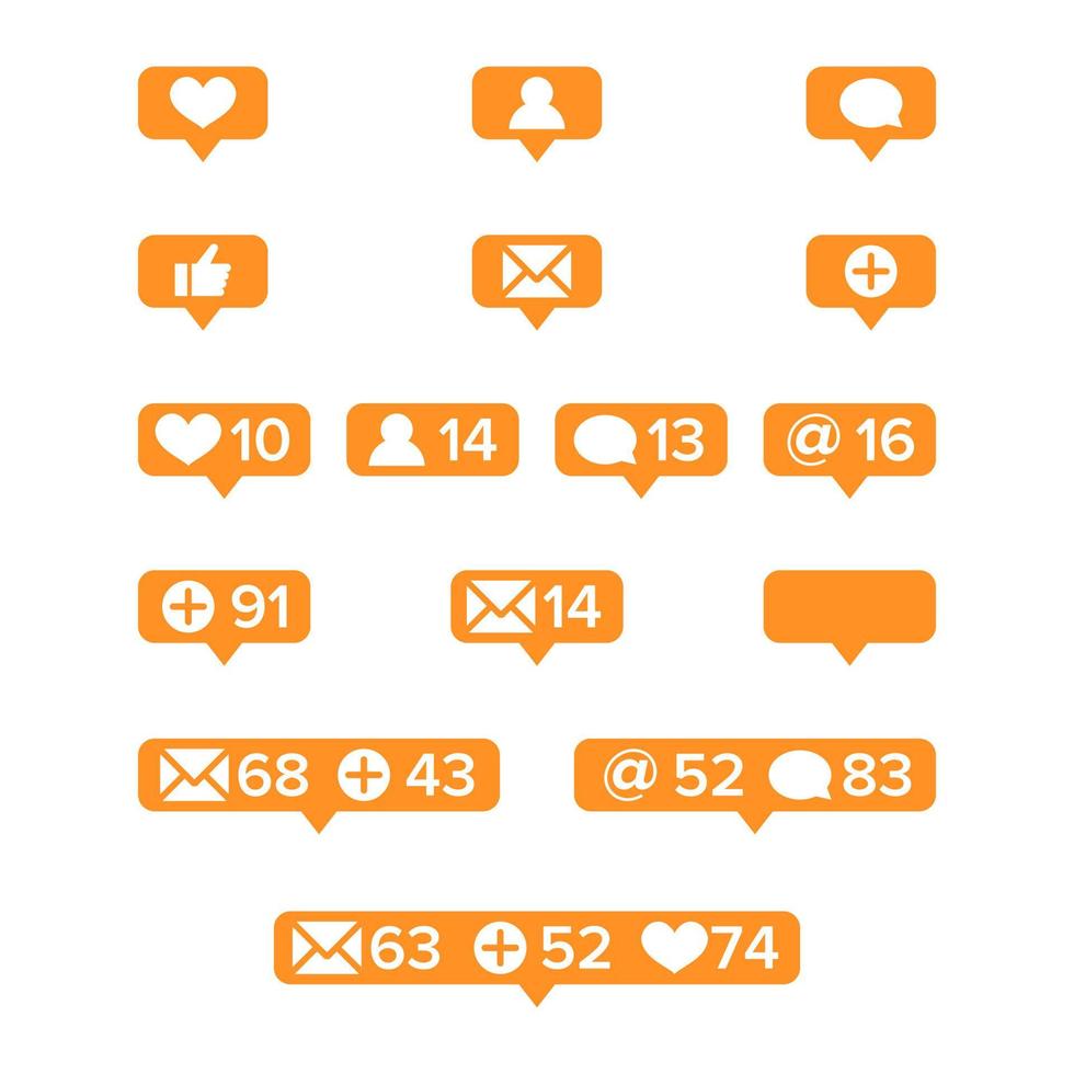 Notifications Icons Template Vector. Social network app symbols of heart like, new message bubble, friend request quantity number. Smartphone application messenger interface web notice set vector