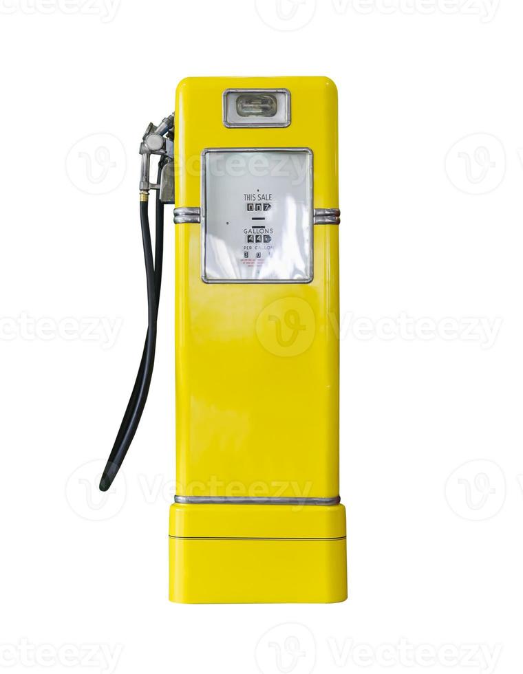 Vintage yellow fuel pump on white photo