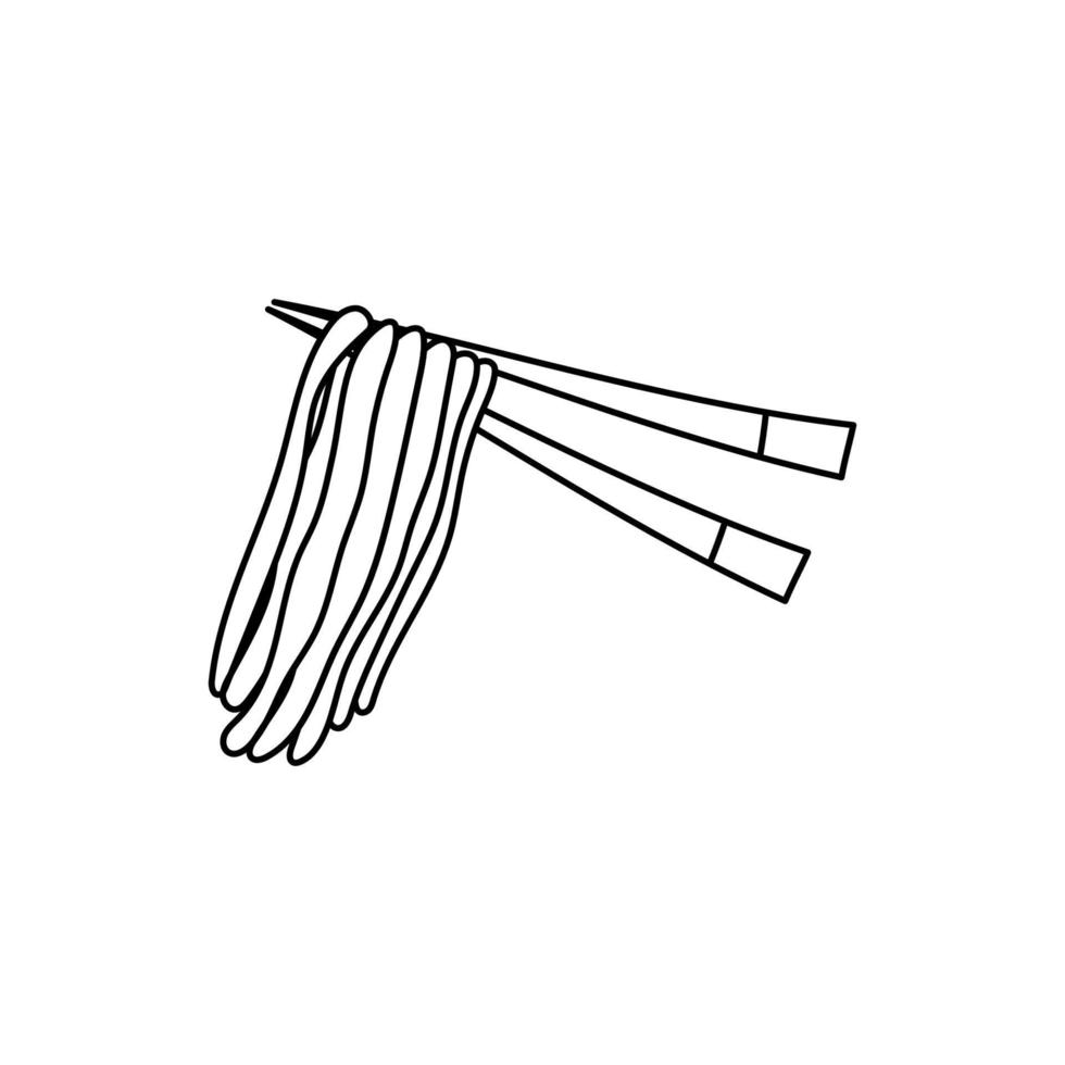 Doodle Chopsticks. Hand drawing Noodle on stick. Noodles are hanging on chopsticks. Chinese fast food. Vector illustration