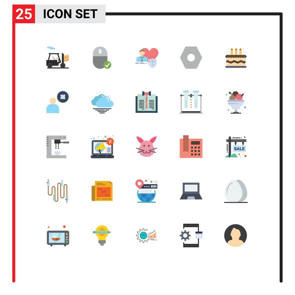 User Interface Pack of 25 Basic Flat Colors of cake user interface insurance settings heart Editable Vector Design Elements