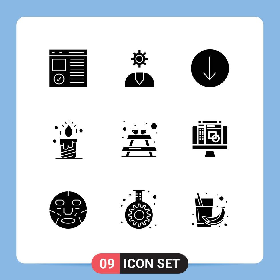 9 User Interface Solid Glyph Pack of modern Signs and Symbols of bench wedding service light down Editable Vector Design Elements