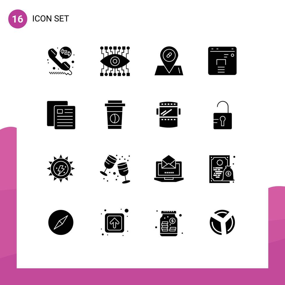 Group of 16 Modern Solid Glyphs Set for drink school pills test education Editable Vector Design Elements