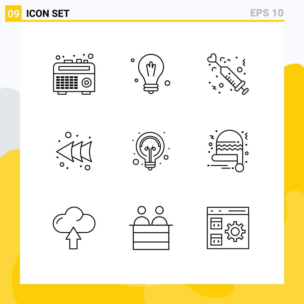esquema de interfaz móvil conjunto de 9 pictogramas de puntas bombilla de inyección de idea elementos de diseño vectorial editables a la izquierda vector