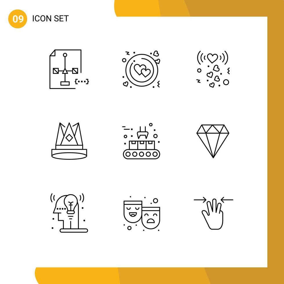 paquete de 9 signos y símbolos de contornos modernos para medios de impresión web, como elementos de diseño de vectores editables de señal de rey de San Valentín del imperio de posición