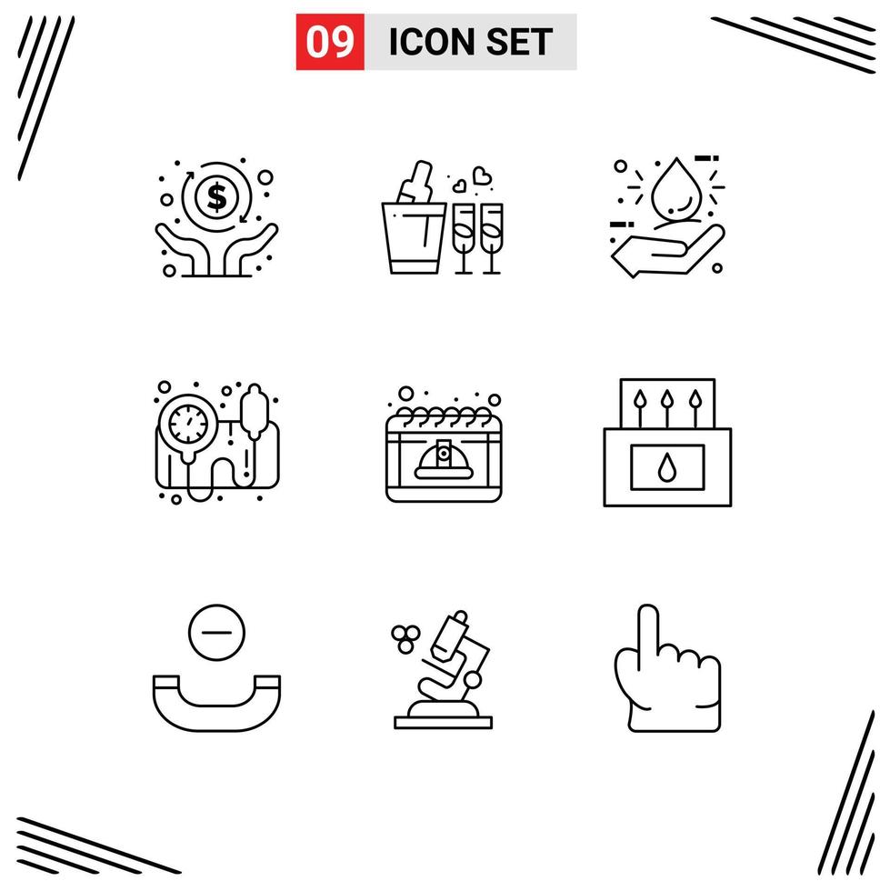 Group of 9 Modern Outlines Set for labor calendar bio bp monitor blood pressure operator Editable Vector Design Elements