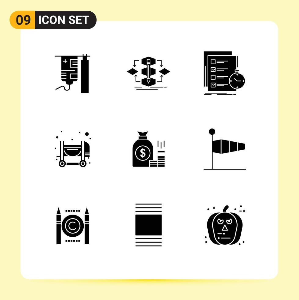 9 Universal Solid Glyphs Set for Web and Mobile Applications money construction process concrete check Editable Vector Design Elements