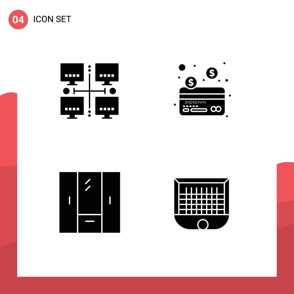 conjunto moderno de 4 pictogramas de glifos sólidos de elementos de diseño vectorial editables de armario de pago de red de muebles de área vector