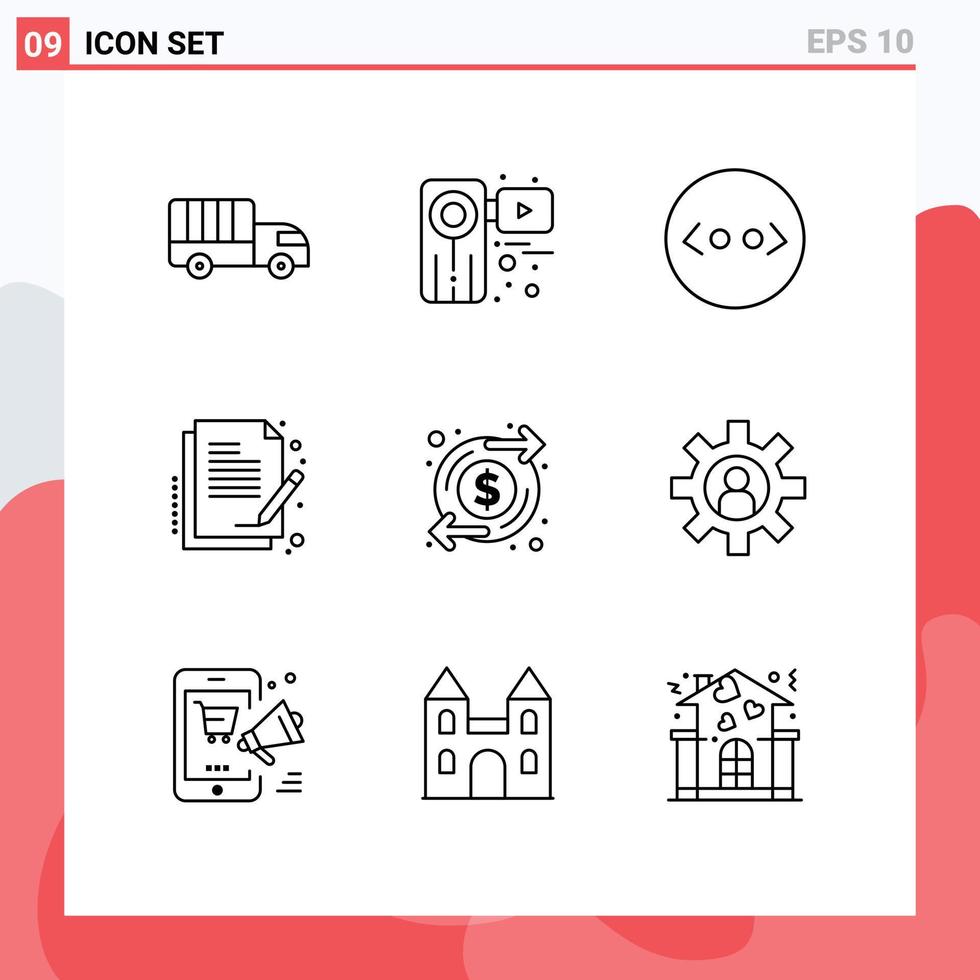 Universal Icon Symbols Group of 9 Modern Outlines of increase document film sign contract Editable Vector Design Elements
