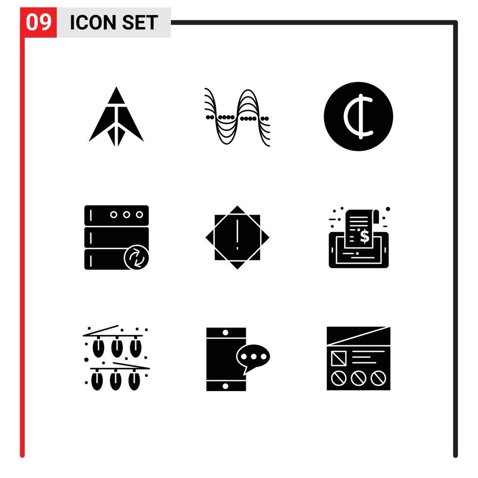 grupo de 9 signos y símbolos de glifos sólidos para elementos de diseño vectorial editables de base de datos de sincronización de sonido de alerta de advertencia vector