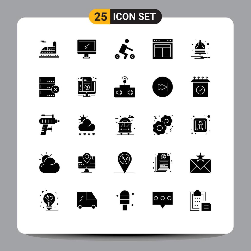Set of 25 Commercial Solid Glyphs pack for bell text bicycle layout divide Editable Vector Design Elements