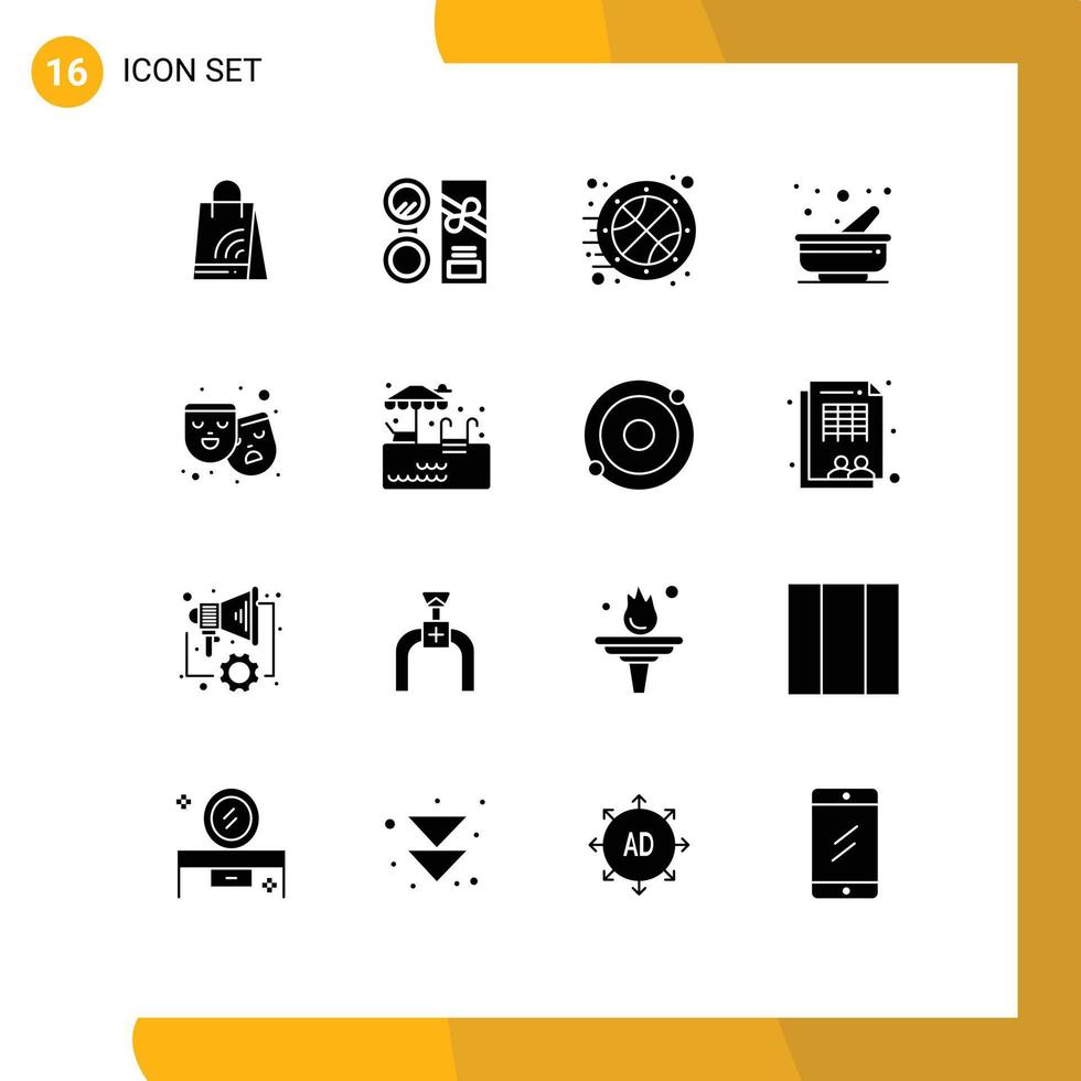 Mobile Interface Solid Glyph Set of 16 Pictograms of mask mortar powder kitchen time Editable Vector Design Elements