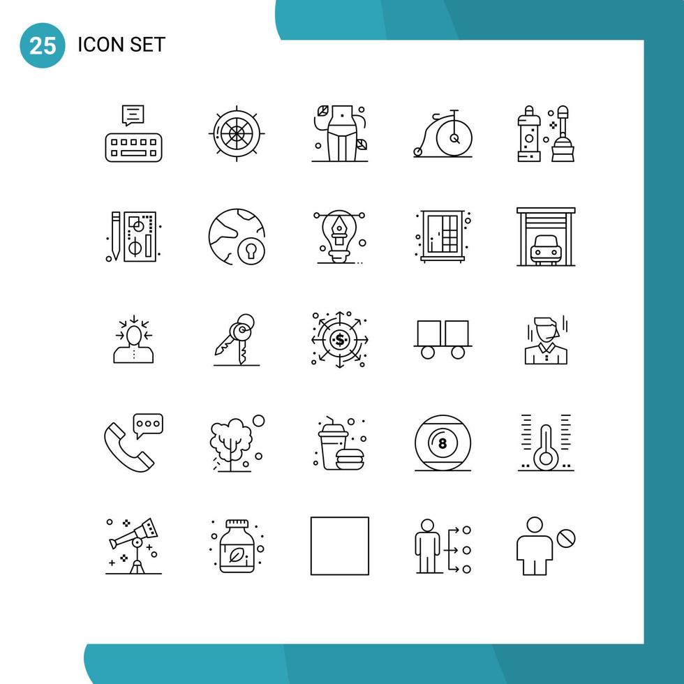 conjunto de 25 líneas vectoriales en cuadrícula para vehículos más limpios, dieta, transporte, bicicleta, elementos de diseño vectorial editables vector