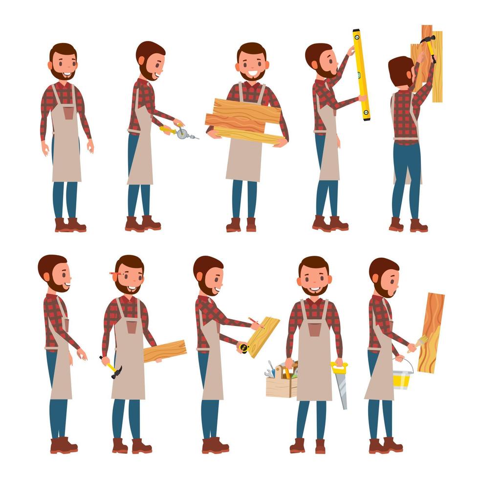 Professional Carpenter Vector. Foreman. Male In Different Poses. Profession. Flat Cartoon Illustration vector