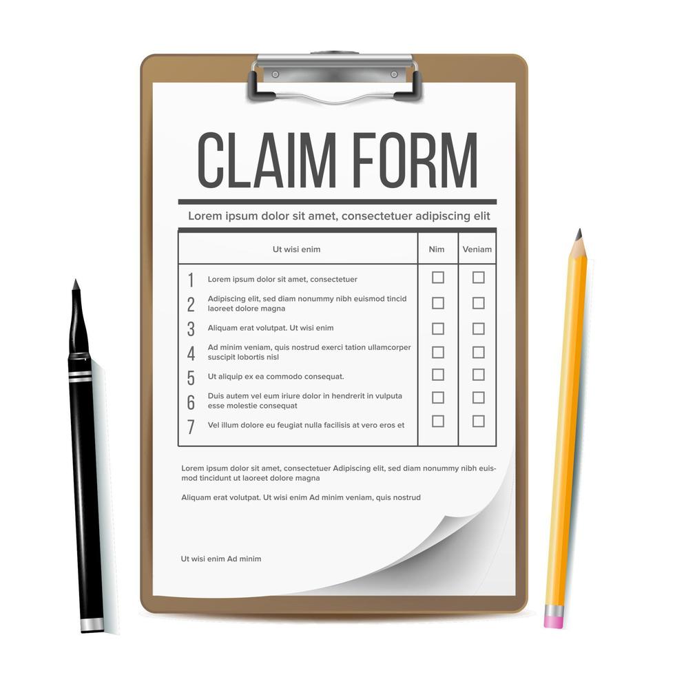 Claim Form Vector. Business Document. Accident Snd insurance Concept. Realistic Illustration vector