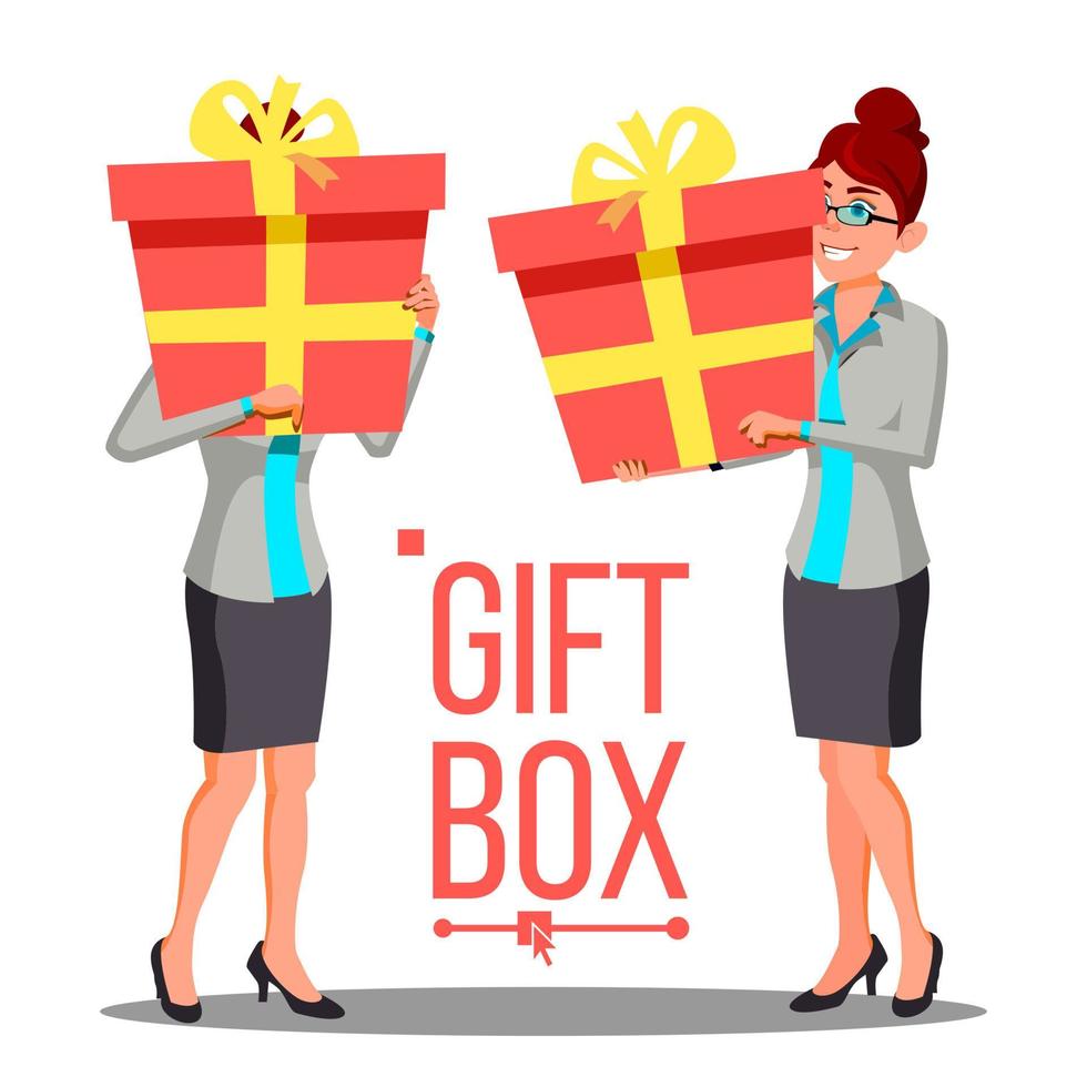 Business Woman Holding Red Gift Box Vetor. Holidays Present Concept. Isolated Illustration vector