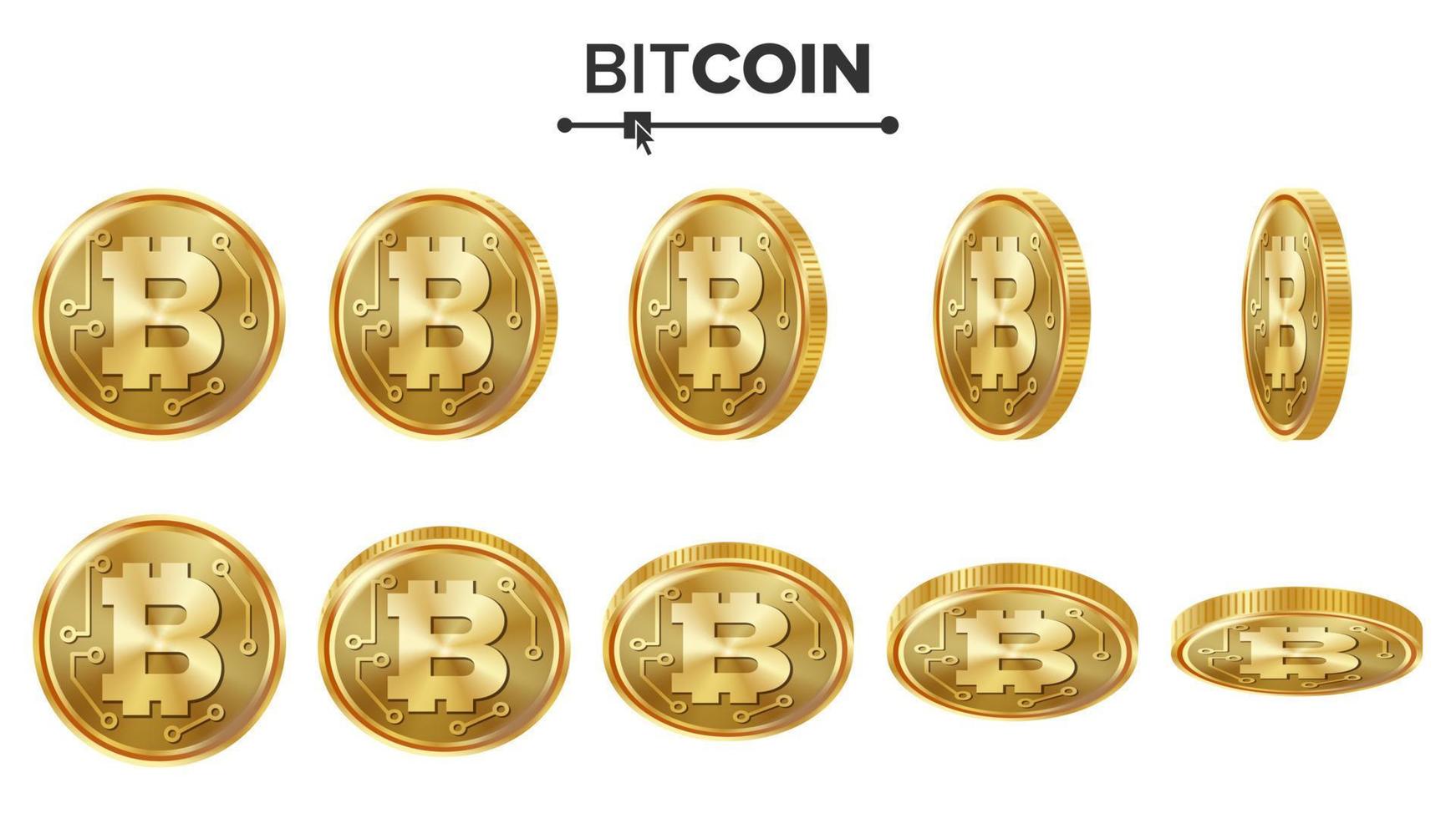 juego de vectores de monedas de oro 3d bitcoin. realista. voltear diferentes ángulos. dinero en moneda digital. criptografía finanzas moneda iconos, signo. moneda aislado en blanco