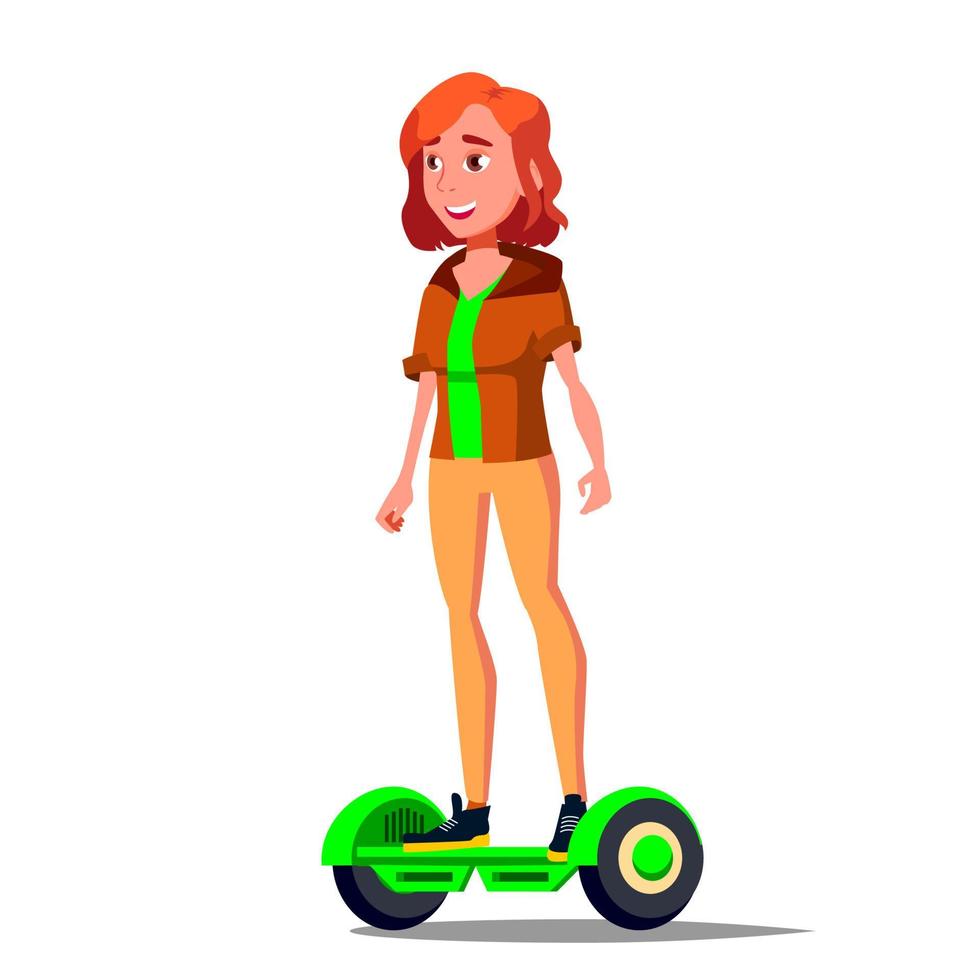 Teen Girl On Hoverboard Vector. Riding On Gyro Scooter. Outdoor Activity. Two-Wheel Electric Self-Balancing Scooter. Isolated Illustration vector