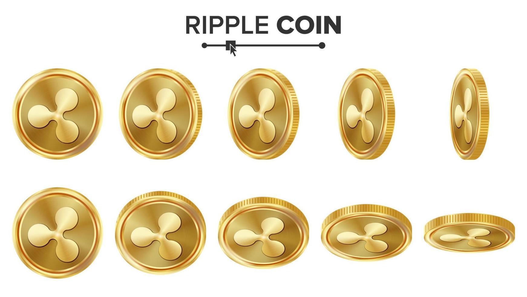 Ripple Coin 3D Gold Coins Vector Set. Realistic. Flip Different Angles. Digital Currency Money. Investment Concept. Cryptography Finance Coin Icons Sign. Fintech Blockchain. Currency Isolated On White