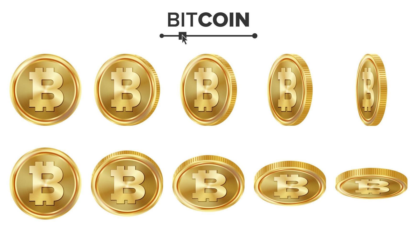 Bitcoin 3D Gold Coins Vector Set. Realistic. Flip Different Angles. Digital Currency Money. Investment Concept. Cryptography Finance Coin Icons, Sign. Fintech Blockchain. Currency Isolated On White