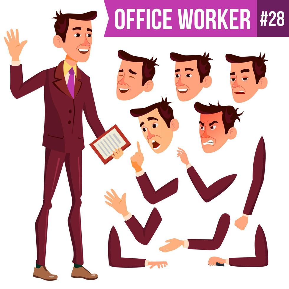 Office Worker Vector. Face Emotions, Various Gestures. Businessman Person. Smiling Executive, Servant, Workman, Officer. Isolated Character Illustration vector