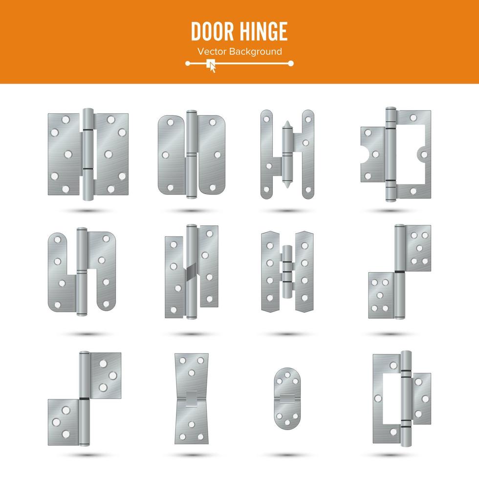 Door Hinge Vector. Set Classic And Industrial Ironmongery Isolated On White Background. Simple Entry Door Metal Hinge Icon. Stainless Steel. Stock Illustration vector