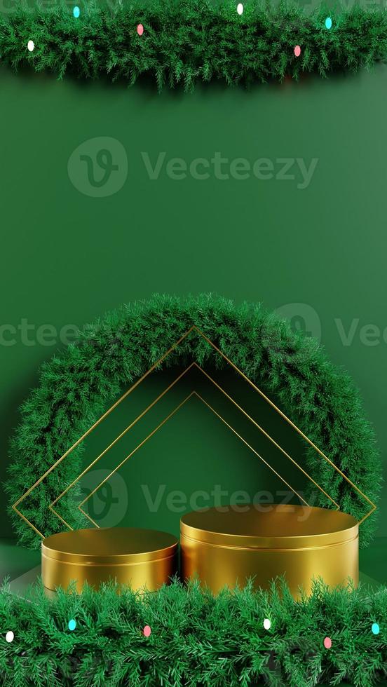 golden christmas 3d podium decorated with lots of wreath and colorful lights on green background photo