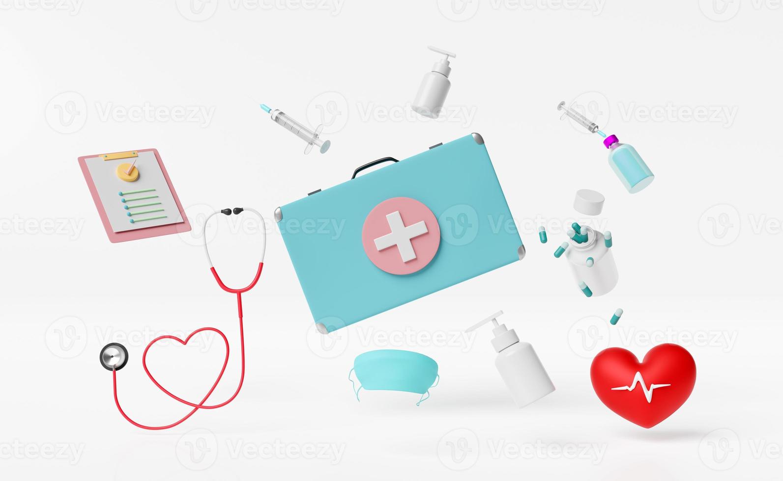 first aid kit bag with check list, stethoscope, syringe, red heart and blood pressure heart rate isolated on white background. health love or world heart day concept, 3d illustration, 3d render photo