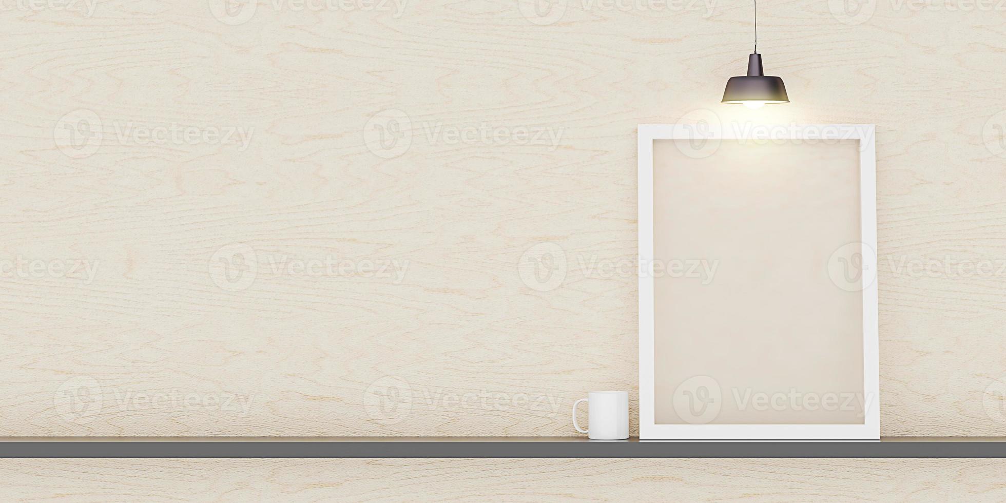 empty frame inside building Picture frame mockup in room and shelves with plants and decorations 3D illustration photo