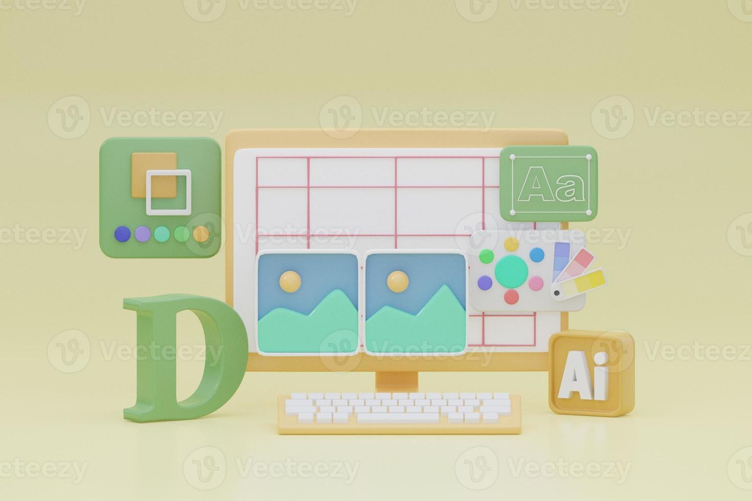 Web UI-UX design, web development concept. Web design, application design, coding, and web building. 3d rendering photo