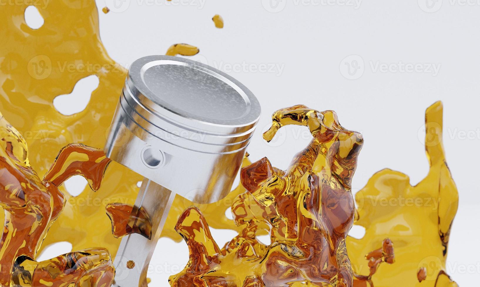 Cigüeñal de pistones con aceite lubricante. Componentes del motor del coche con salpicaduras de aceite sobre fondo blanco. Ilustración de renderizado 3d. foto