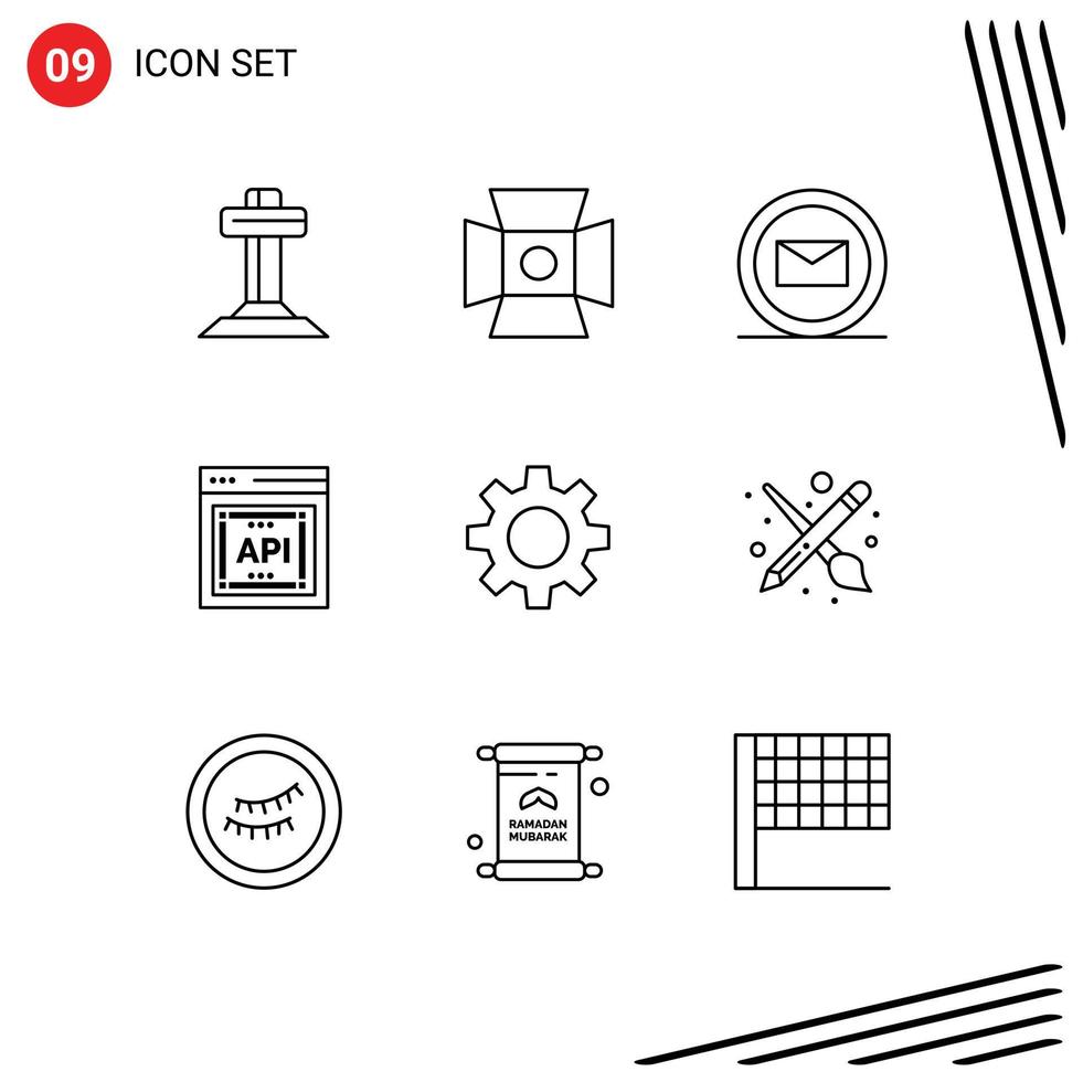 Set of 9 Vector Outlines on Grid for gear romz email software api concept Editable Vector Design Elements