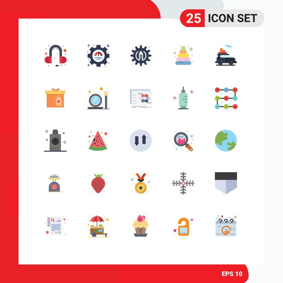 grupo de símbolos de iconos universales de 25 colores planos modernos de elementos de diseño de vectores editables de juguete de coche de proceso de transporte de caja de regalo