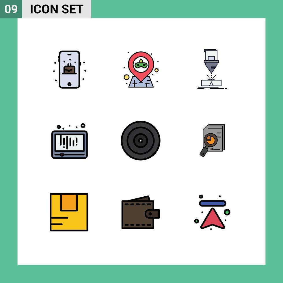 Group of 9 Modern Filledline Flat Colors Set for eye social engineering play audio Editable Vector Design Elements