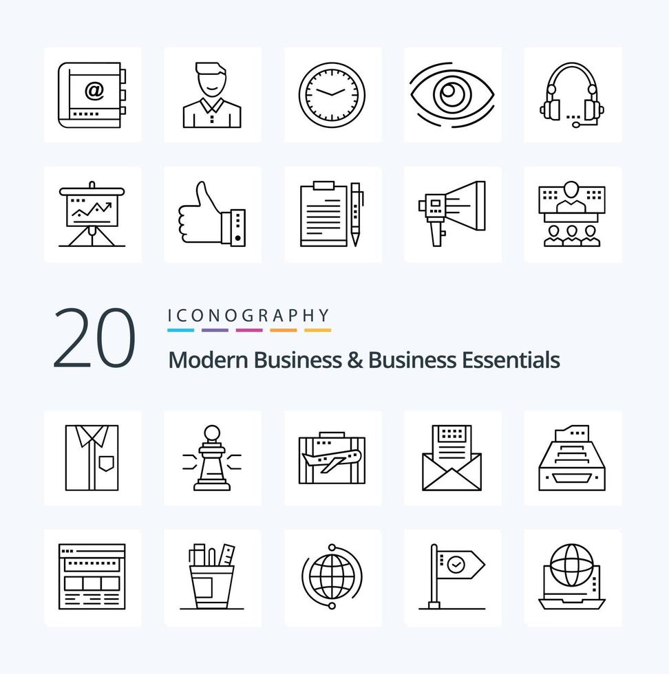 20 Modern Business And Business Essentials Line icon Pack like case baggage advantage travel strategy vector