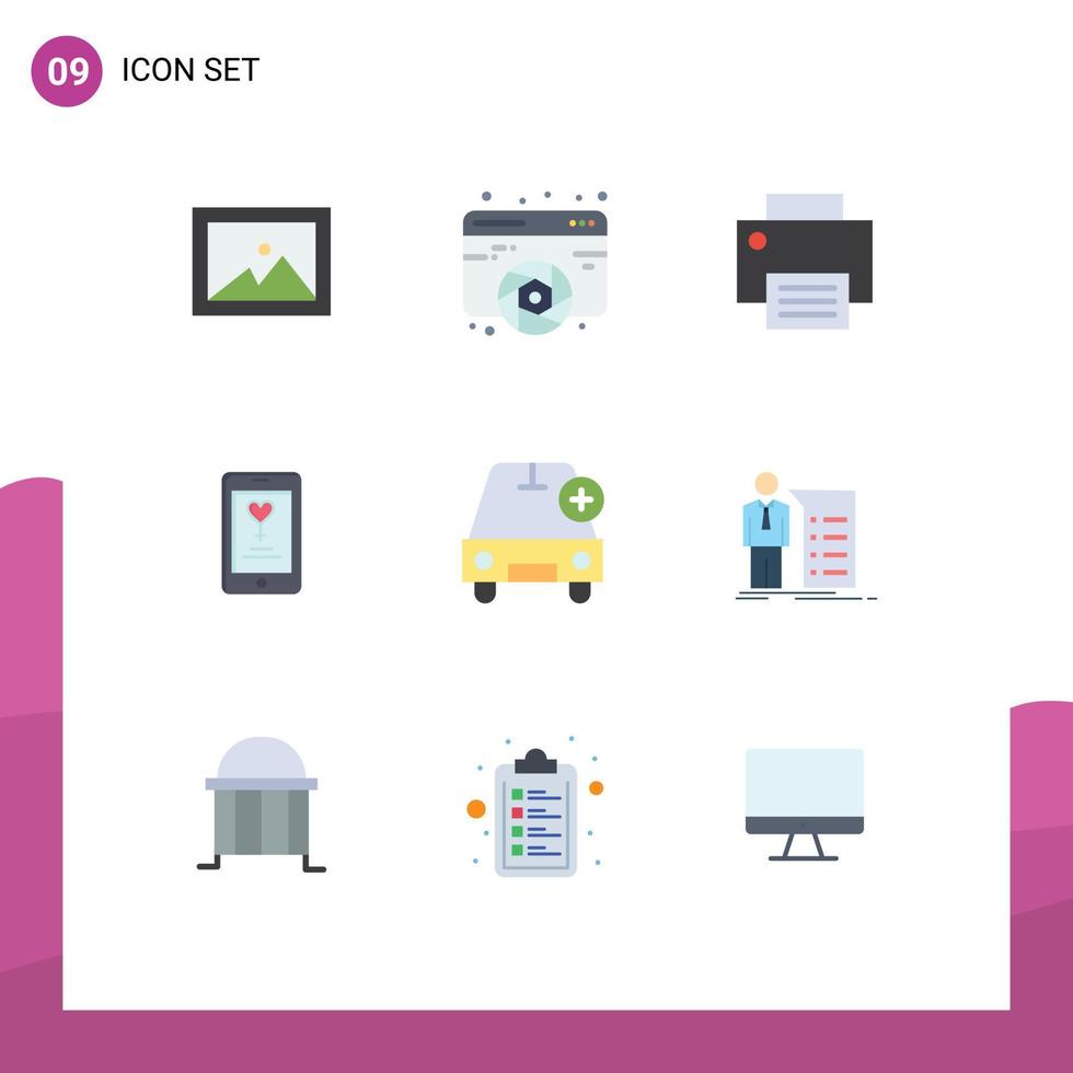 Pack of 9 Modern Flat Colors Signs and Symbols for Web Print Media such as add love computers mobile printer Editable Vector Design Elements