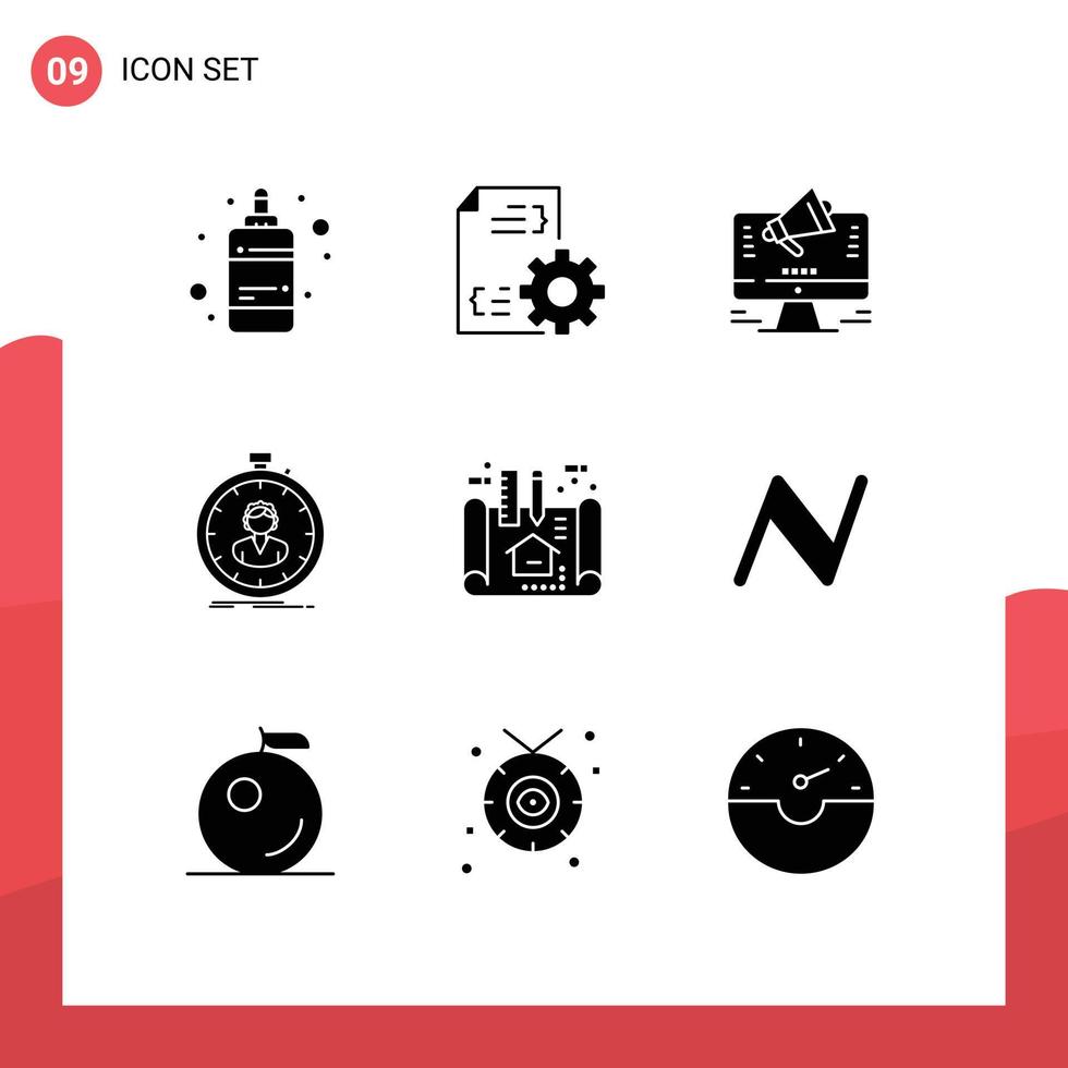 Mobile Interface Solid Glyph Set of 9 Pictograms of girl stopwatch promotion speed offer Editable Vector Design Elements