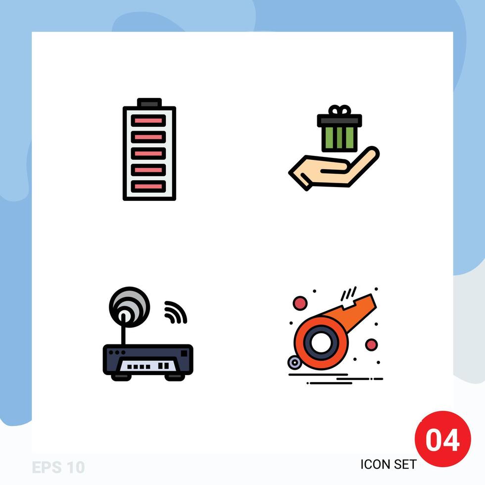 Editable Vector Line Pack of 4 Simple Filledline Flat Colors of battery device energy hand router Editable Vector Design Elements