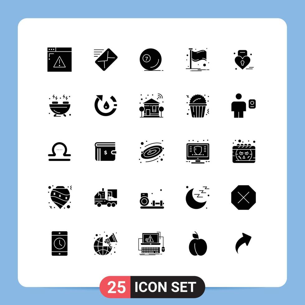 Group of 25 Modern Solid Glyphs Set for louck notification game flag ball Editable Vector Design Elements