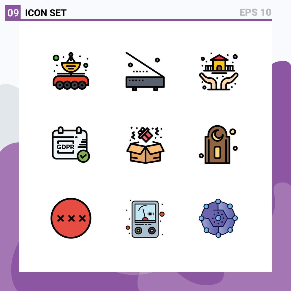 Group of 9 Filledline Flat Colors Signs and Symbols for birthday security equipment gdpr house Editable Vector Design Elements
